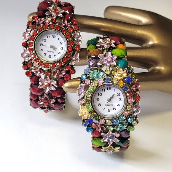 Purple Rhinestone Watch Cuff Band Round Face Ornate Fashion Watch - NEW ! - Picture 16 of 16